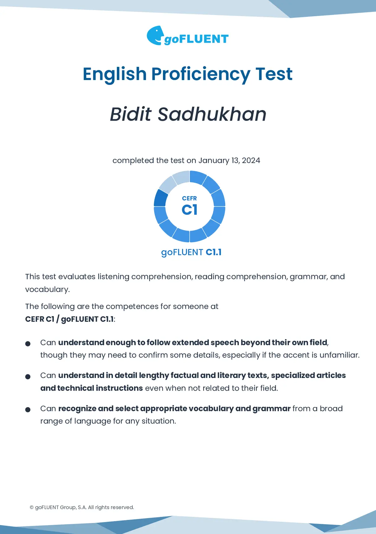 English Proficiency Test - CEFR C1/goFLUENT C1.1